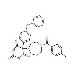 Cc1ccc(C(=O)N2CCCN(C3(c4ccc(Oc5ccccc5)cc4)C(=O)NC(=O)NC3=O)CC2)cc1 ZINC000072108498