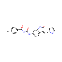 Cc1ccc(C(=O)NC(=O)Nc2ccc3c(c2)NC(=O)/C3=C\c2ccc[nH]2)cc1 ZINC000205828157