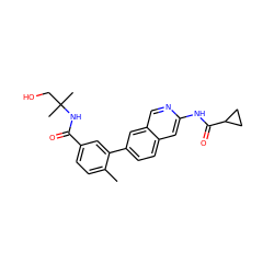 Cc1ccc(C(=O)NC(C)(C)CO)cc1-c1ccc2cc(NC(=O)C3CC3)ncc2c1 ZINC000144329869