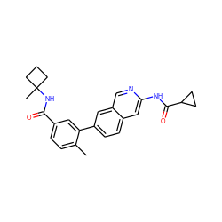 Cc1ccc(C(=O)NC2(C)CCC2)cc1-c1ccc2cc(NC(=O)C3CC3)ncc2c1 ZINC000169700055