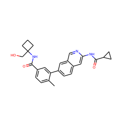 Cc1ccc(C(=O)NC2(CO)CCC2)cc1-c1ccc2cc(NC(=O)C3CC3)ncc2c1 ZINC000144350696