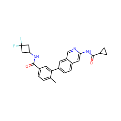 Cc1ccc(C(=O)NC2CC(F)(F)C2)cc1-c1ccc2cc(NC(=O)C3CC3)ncc2c1 ZINC000144339143