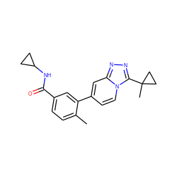 Cc1ccc(C(=O)NC2CC2)cc1-c1ccn2c(C3(C)CC3)nnc2c1 ZINC000084741417