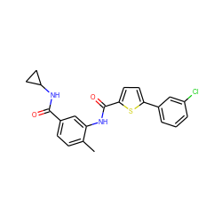 Cc1ccc(C(=O)NC2CC2)cc1NC(=O)c1ccc(-c2cccc(Cl)c2)s1 ZINC000096927947