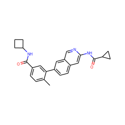 Cc1ccc(C(=O)NC2CCC2)cc1-c1ccc2cc(NC(=O)C3CC3)ncc2c1 ZINC000169700148