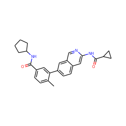 Cc1ccc(C(=O)NC2CCCC2)cc1-c1ccc2cc(NC(=O)C3CC3)ncc2c1 ZINC000144307924