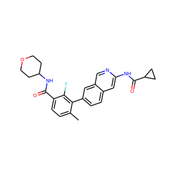 Cc1ccc(C(=O)NC2CCOCC2)c(F)c1-c1ccc2cc(NC(=O)C3CC3)ncc2c1 ZINC000144385730