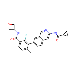 Cc1ccc(C(=O)NC2COC2)c(F)c1-c1ccc2cc(NC(=O)C3CC3)ncc2c1 ZINC000144378650