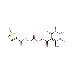 Cc1ccc(C(=O)NCC(=O)OCC(=O)c2c(N)n(C)c(=O)n(C)c2=O)s1 ZINC000003232767