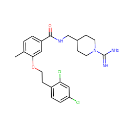 Cc1ccc(C(=O)NCC2CCN(C(=N)N)CC2)cc1OCCc1ccc(Cl)cc1Cl ZINC000000595117