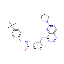 Cc1ccc(C(=O)NCc2ccc(C(C)(C)C)cc2)cc1Nc1ncnc2cnc(N3CCCC3)nc12 ZINC000148223493