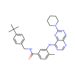 Cc1ccc(C(=O)NCc2ccc(C(C)(C)C)cc2)cc1Nc1ncnc2cnc(N3CCCCC3)nc12 ZINC000148214740