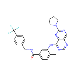 Cc1ccc(C(=O)NCc2ccc(C(F)(F)F)cc2)cc1Nc1ncnc2cnc(N3CCCC3)nc12 ZINC000148217864