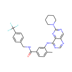 Cc1ccc(C(=O)NCc2ccc(C(F)(F)F)cc2)cc1Nc1ncnc2cnc(N3CCCCC3)nc12 ZINC000148214960