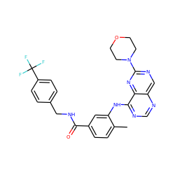 Cc1ccc(C(=O)NCc2ccc(C(F)(F)F)cc2)cc1Nc1ncnc2cnc(N3CCOCC3)nc12 ZINC000148239292