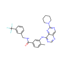 Cc1ccc(C(=O)NCc2cccc(C(F)(F)F)c2)cc1Nc1ncnc2cnc(N3CCCCC3)nc12 ZINC000148198500