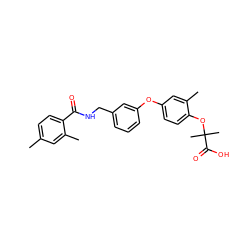 Cc1ccc(C(=O)NCc2cccc(Oc3ccc(OC(C)(C)C(=O)O)c(C)c3)c2)c(C)c1 ZINC000028825468