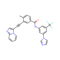 Cc1ccc(C(=O)Nc2cc(-n3ccnc3)cc(C(F)(F)F)c2)cc1C#Cc1cnc2ccccn12 ZINC000053226471