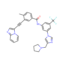 Cc1ccc(C(=O)Nc2cc(-n3cnc(CN4CCCC4)c3)cc(C(F)(F)F)c2)cc1C#Cc1cnc2ccccn12 ZINC000053276462