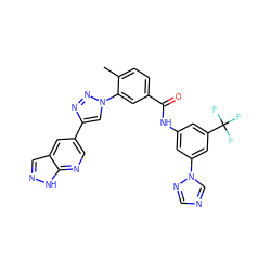 Cc1ccc(C(=O)Nc2cc(-n3cncn3)cc(C(F)(F)F)c2)cc1-n1cc(-c2cnc3[nH]ncc3c2)nn1 ZINC000095571644