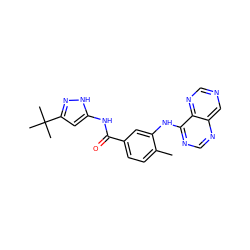 Cc1ccc(C(=O)Nc2cc(C(C)(C)C)n[nH]2)cc1Nc1ncnc2cncnc12 ZINC000148432755