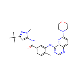 Cc1ccc(C(=O)Nc2cc(C(C)(C)C)nn2C)cc1Nc1ncnc2ccc(N3CCOCC3)nc12 ZINC000096175721