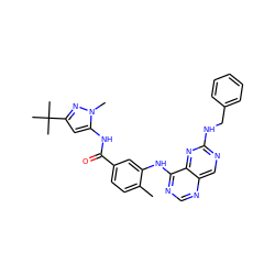 Cc1ccc(C(=O)Nc2cc(C(C)(C)C)nn2C)cc1Nc1ncnc2cnc(NCc3ccccc3)nc12 ZINC000148292758