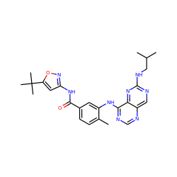 Cc1ccc(C(=O)Nc2cc(C(C)(C)C)on2)cc1Nc1ncnc2cnc(NCC(C)C)nc12 ZINC000148317781