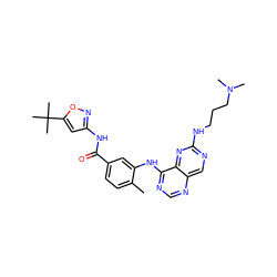 Cc1ccc(C(=O)Nc2cc(C(C)(C)C)on2)cc1Nc1ncnc2cnc(NCCCN(C)C)nc12 ZINC000148373632