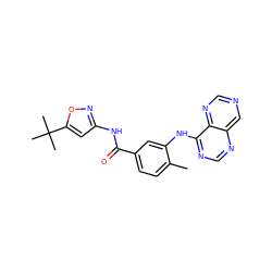 Cc1ccc(C(=O)Nc2cc(C(C)(C)C)on2)cc1Nc1ncnc2cncnc12 ZINC000148421278