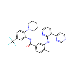 Cc1ccc(C(=O)Nc2cc(C(F)(F)F)ccc2N2CCCCC2)cc1Nc1ncccc1-c1ccncn1 ZINC000014957211