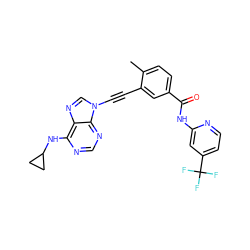 Cc1ccc(C(=O)Nc2cc(C(F)(F)F)ccn2)cc1C#Cn1cnc2c(NC3CC3)ncnc21 ZINC000053226626