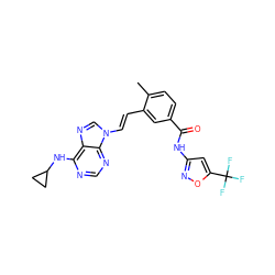 Cc1ccc(C(=O)Nc2cc(C(F)(F)F)on2)cc1/C=C/n1cnc2c(NC3CC3)ncnc21 ZINC000053294245