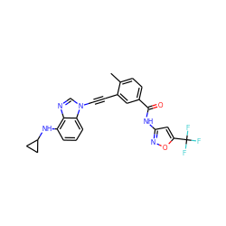 Cc1ccc(C(=O)Nc2cc(C(F)(F)F)on2)cc1C#Cn1cnc2c(NC3CC3)cccc21 ZINC000053229328