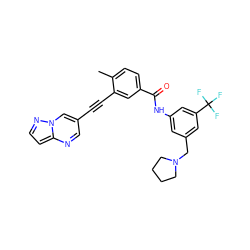 Cc1ccc(C(=O)Nc2cc(CN3CCCC3)cc(C(F)(F)F)c2)cc1C#Cc1cnc2ccnn2c1 ZINC000095592248