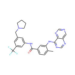 Cc1ccc(C(=O)Nc2cc(CN3CCCC3)cc(C(F)(F)F)c2)cc1Nc1ncnc2cncnc12 ZINC000148431794