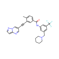 Cc1ccc(C(=O)Nc2cc(CN3CCCCC3)cc(C(F)(F)F)c2)cc1C#Cc1cnc2ccnn2c1 ZINC000095591498