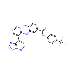 Cc1ccc(C(=O)Nc2ccc(C(F)(F)F)cc2)cc1Nc1ncccc1-c1ncnc2nc[nH]c12 ZINC000215327945