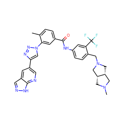 Cc1ccc(C(=O)Nc2ccc(CN3C[C@@H]4CN(C)C[C@@H]4C3)c(C(F)(F)F)c2)cc1-n1cc(-c2cnc3[nH]ncc3c2)nn1 ZINC000095579620