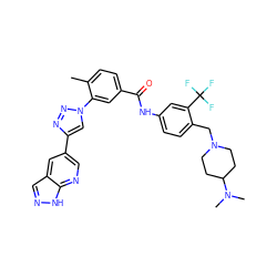 Cc1ccc(C(=O)Nc2ccc(CN3CCC(N(C)C)CC3)c(C(F)(F)F)c2)cc1-n1cc(-c2cnc3[nH]ncc3c2)nn1 ZINC000095578703