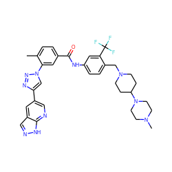 Cc1ccc(C(=O)Nc2ccc(CN3CCC(N4CCN(C)CC4)CC3)c(C(F)(F)F)c2)cc1-n1cc(-c2cnc3[nH]ncc3c2)nn1 ZINC000095573374