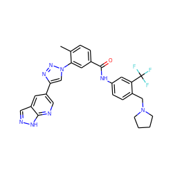 Cc1ccc(C(=O)Nc2ccc(CN3CCCC3)c(C(F)(F)F)c2)cc1-n1cc(-c2cnc3[nH]ncc3c2)nn1 ZINC000095575256