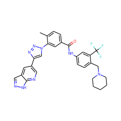 Cc1ccc(C(=O)Nc2ccc(CN3CCCCC3)c(C(F)(F)F)c2)cc1-n1cc(-c2cnc3[nH]ncc3c2)nn1 ZINC000095576839