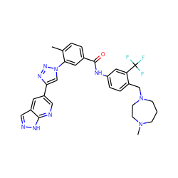 Cc1ccc(C(=O)Nc2ccc(CN3CCCN(C)CC3)c(C(F)(F)F)c2)cc1-n1cc(-c2cnc3[nH]ncc3c2)nn1 ZINC000095574018