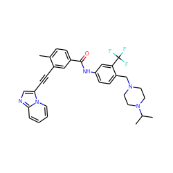 Cc1ccc(C(=O)Nc2ccc(CN3CCN(C(C)C)CC3)c(C(F)(F)F)c2)cc1C#Cc1cnc2ccccn12 ZINC000053295464