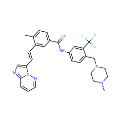 Cc1ccc(C(=O)Nc2ccc(CN3CCN(C)CC3)c(C(F)(F)F)c2)cc1/C=C/c1cnc2cccnn12 ZINC000053296119