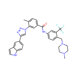 Cc1ccc(C(=O)Nc2ccc(CN3CCN(C)CC3)c(C(F)(F)F)c2)cc1-n1cc(-c2ccc3[nH]ccc3c2)nn1 ZINC000095575757