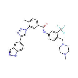 Cc1ccc(C(=O)Nc2ccc(CN3CCN(C)CC3)c(C(F)(F)F)c2)cc1-n1cc(-c2ccc3[nH]ncc3c2)nn1 ZINC000095576488