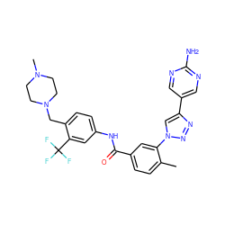 Cc1ccc(C(=O)Nc2ccc(CN3CCN(C)CC3)c(C(F)(F)F)c2)cc1-n1cc(-c2cnc(N)nc2)nn1 ZINC000095572720