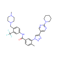 Cc1ccc(C(=O)Nc2ccc(CN3CCN(C)CC3)c(C(F)(F)F)c2)cc1-n1cc(-c2cnc(N3CCCCC3)nc2)nn1 ZINC000095578082